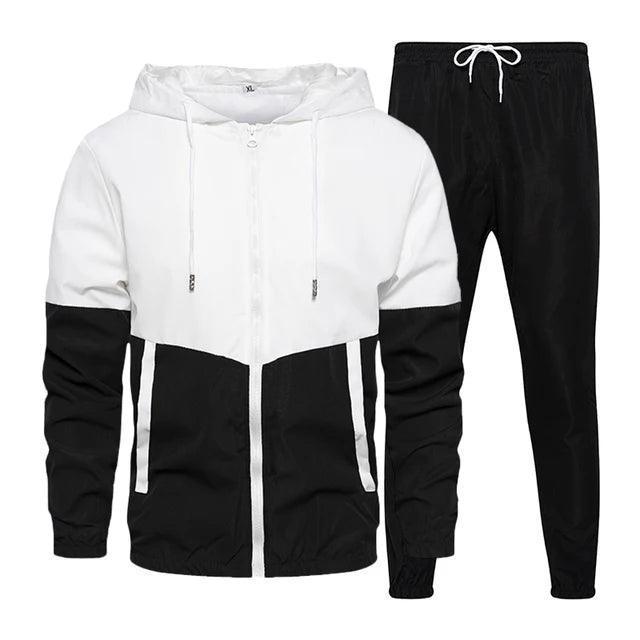 Men's Casual Patchwork Tracksuit - Hooded Jacket & Sweatpants - ClubOn