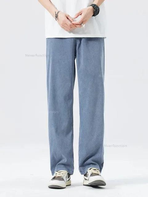 Men's Ultra-Thin Lyocell Baggy Jeans - Soft Breathable Summer Elastic Waist Wide Leg Trousers - ClubOn