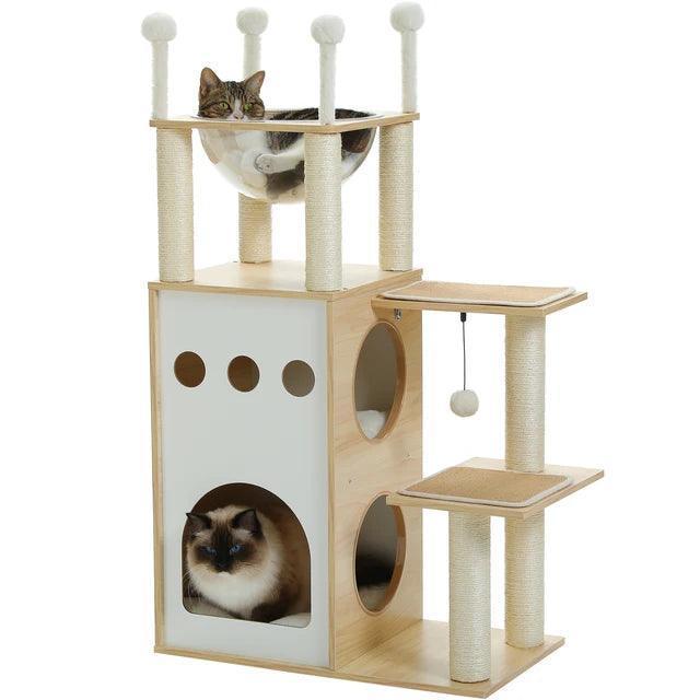 Modern Wooden Cat Tree | 2-Floor Condo with Scratching Posts - ClubOn