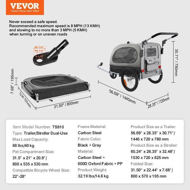 VEVOR 2-in-1 Pet Stroller Cart | Dog Bike Trailer with Wheels - ClubOn