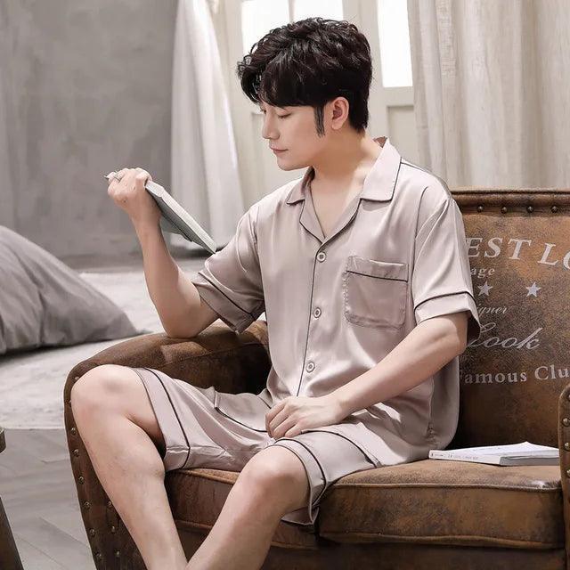 Summer Men's Ice Silk Pajama Set - Short Sleeve Satin Sleepwear (Two-Piece) - ClubOn