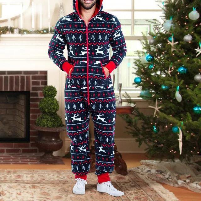 Autumn Winter Men’s Snowman Elk Printed Zipper Onesie - ClubOn