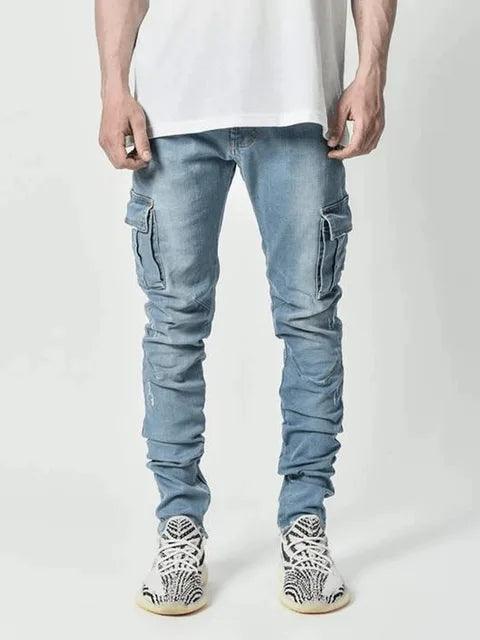 Men's Multi-Pocket Cargo Jeans - Casual Fashion Denim Trousers with Side Pockets - ClubOn