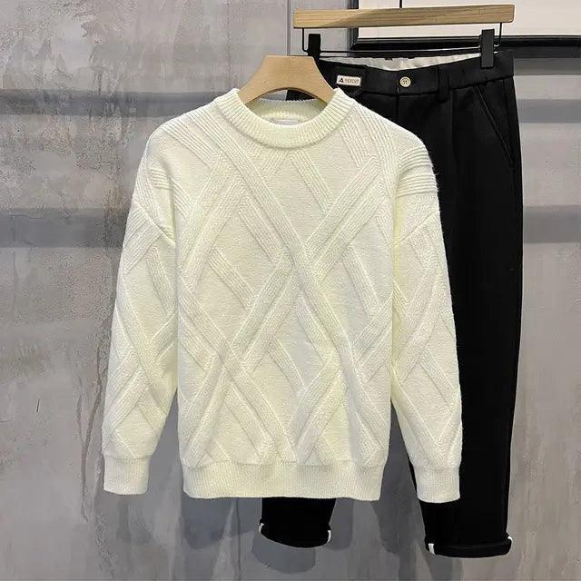 Oversize Plaid Round Neck Sweater for Men - Versatile Knit - ClubOn