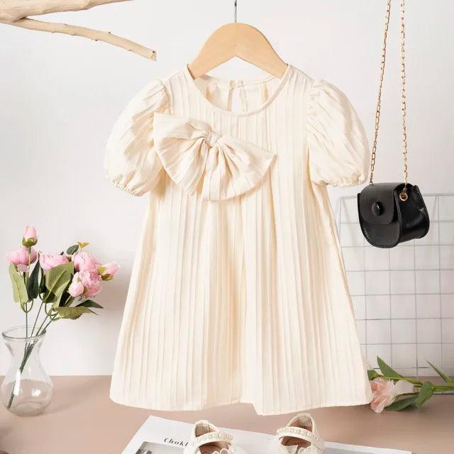 Solid Color Bubble Sleeve Dress with Bow for Girls - ClubOn