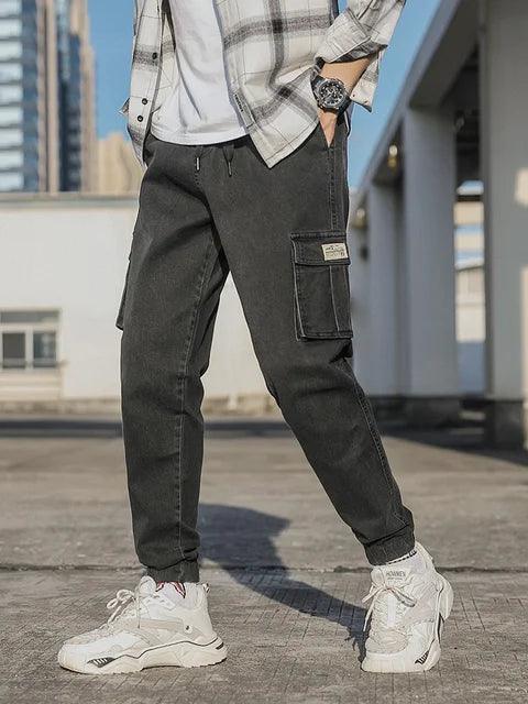 Spring & Autumn Men's Multi-Pocket Cargo Jeans - Elastic Waist Denim Jogger Pants - ClubOn