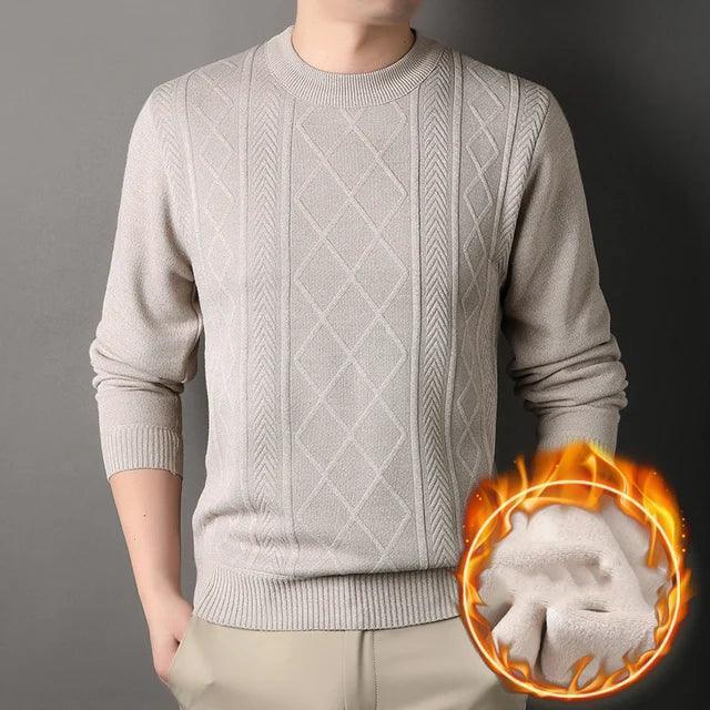 Winter Men's Plush Knitted Sweater - Round Neck, Thick, Warm, Solid Color Casual Sweater - ClubOn
