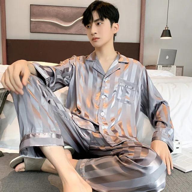 Men's Long-Sleeved Satin Pajama Set - Luxurious Ice Silk Summer Sleepwear Suit - ClubOn
