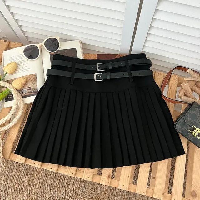 Women's Pleated Skirt with Double Belt Detail – High-Waisted Fashion Mini Skirt - ClubOn