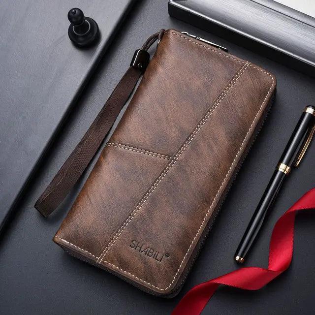 Men’s Long Leather Wallet - Casual Zipper Purse with High Capacity - ClubOn
