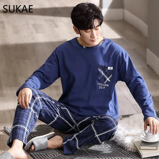 SUKAE Luxury Navy Cotton Men's Pajama Set – Minimalist Long Sleeves for Autumn/Winter - ClubOn