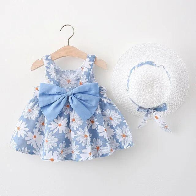 Summer Toddler Girl Cotton Suspender Dress & Sun Hat Set - ClubOn