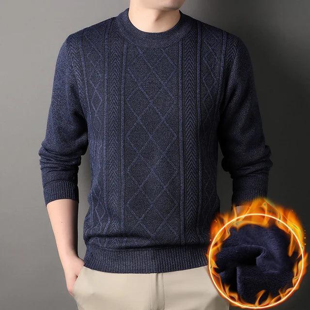 Winter Men's Plush Knitted Sweater - Round Neck, Thick, Warm, Solid Color Casual Sweater - ClubOn