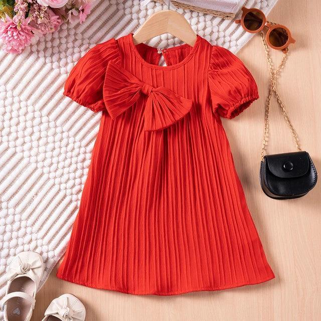 Solid Color Bubble Sleeve Dress with Bow for Girls - ClubOn