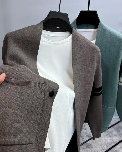 Men's Knitted Cardigan - Korean Style V Collar Shawl Coat - ClubOn