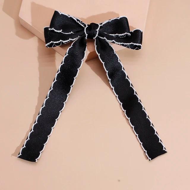 Lystrfac Wavy Ribbon Hair Bow Hairpin – Elegant Black & White Clip for Women & Girls - ClubOn