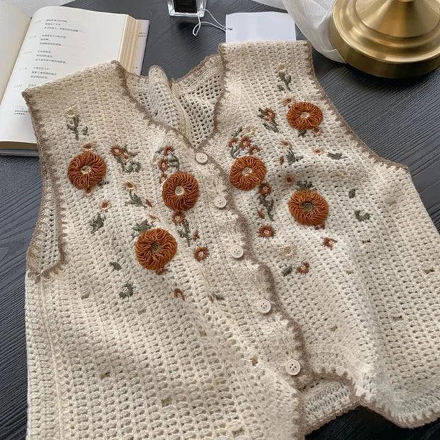 Pastoral Style Embroidered Crochet Flower Vest - Vintage Top - ClubOn