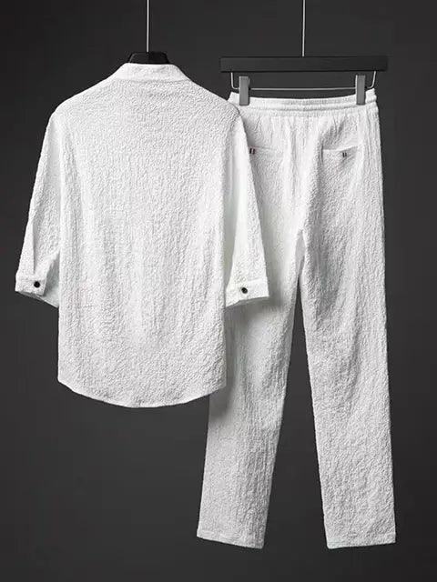 Men's Solid Color V-Neck Casual Suit - Long Sleeve & Trousers - ClubOn