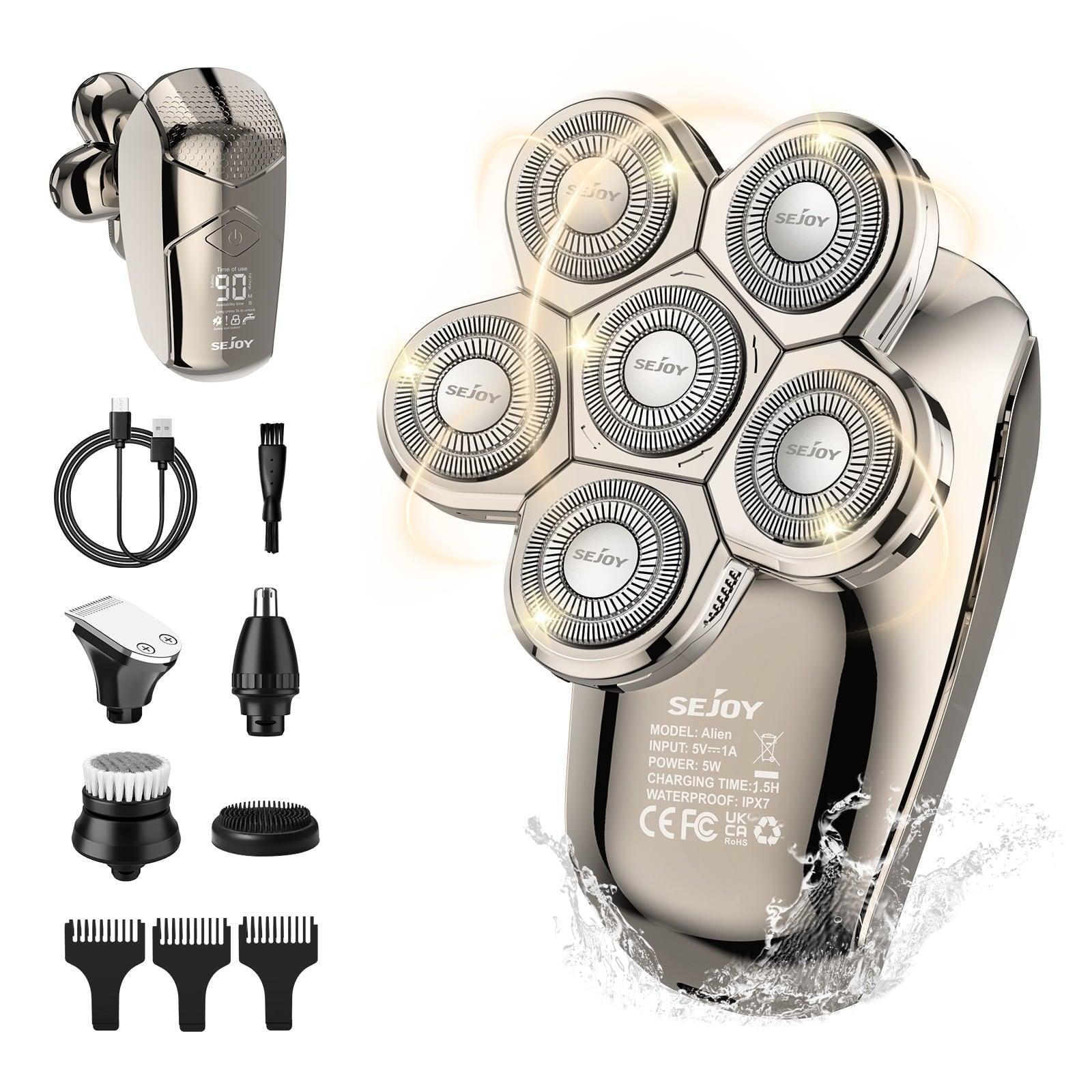 Sejoy 7D Head Shavers for Bald Men, 5-in-1 Cordless Waterproof Electric Razor, LED Display Grooming Kit - ClubOn