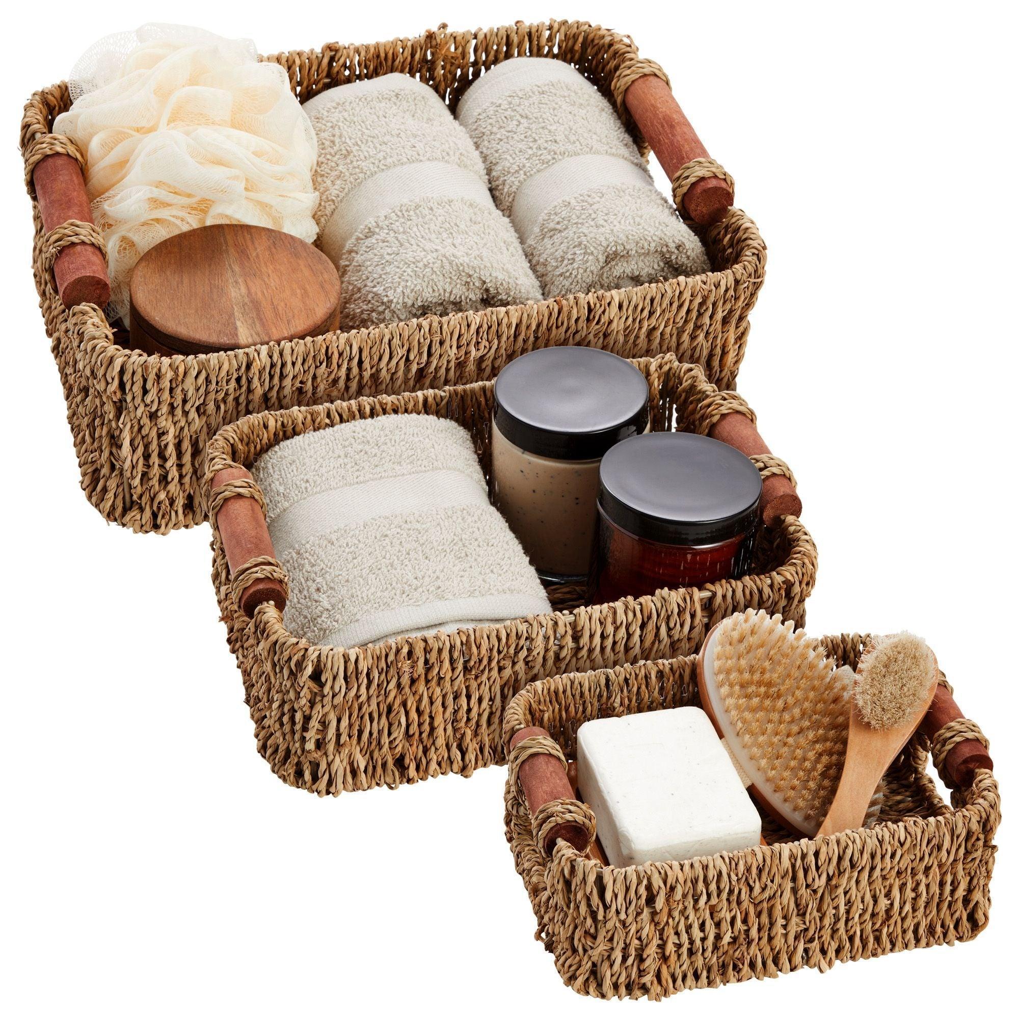 Set of 3 Small Wicker Baskets for Storage, Woven Nesting Bins with Handles for Bathroom Towels, Toilet Paper, Closet, Kitchen (3 Assorted Sizes) - ClubOn