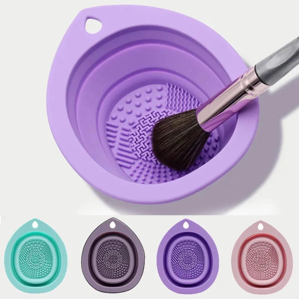 Silicone Makeup Brush Cleaner & Folding Powder Puff Cleaning Bowl - Soft Mat Scrubber Box for Eyeshadow Brushes - ClubOn