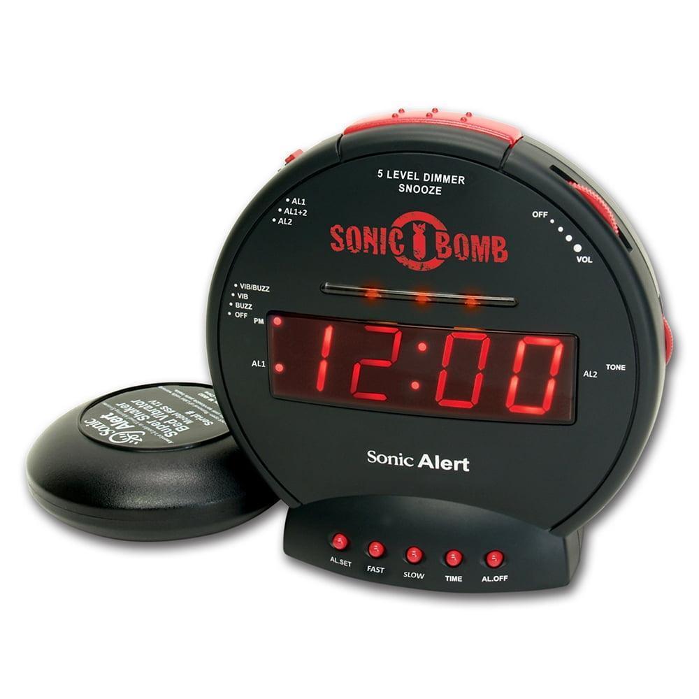 Sonic Alert Sonic Bomb Dual Alarm Clock with Bed Shaker Vibrator, Digital Display - Black & Red - ClubOn