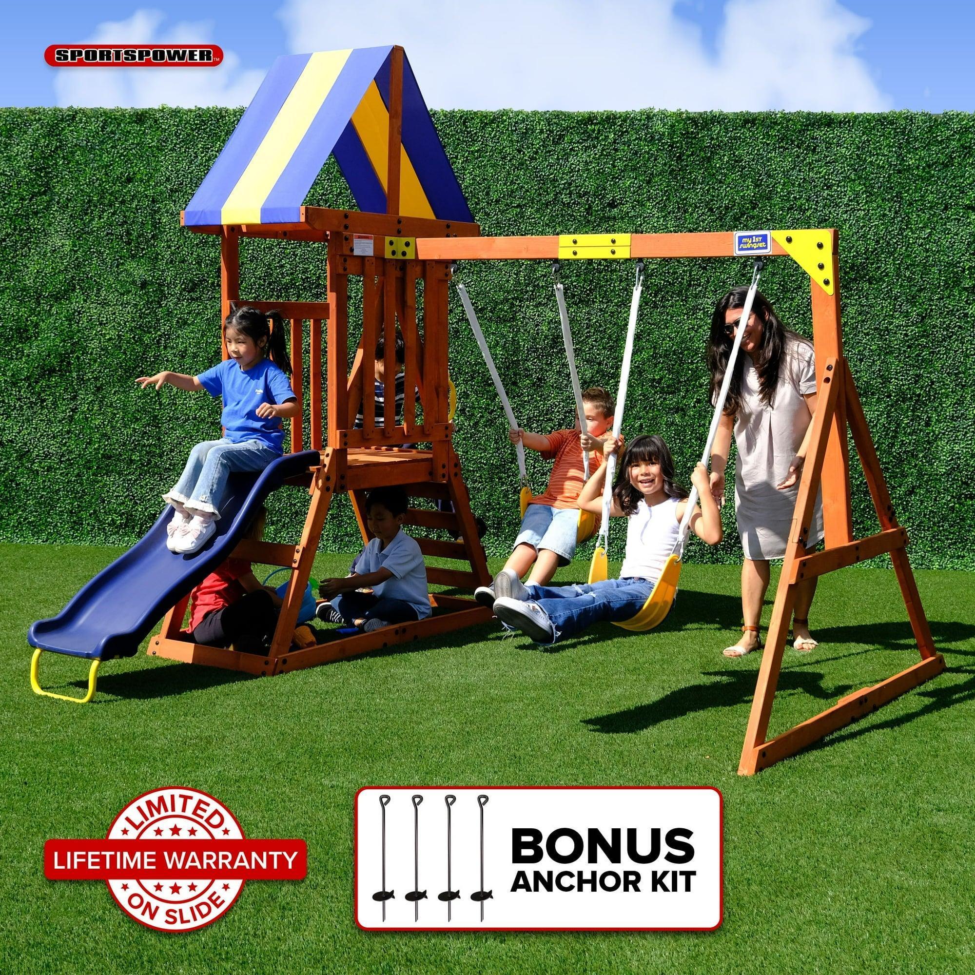 Sportspower My First Wood Swing Set – 2 Swings, Rock Climber, 6' Double Wall Slide, Lifetime Warranty – Outdoor Playground for Kids - ClubOn