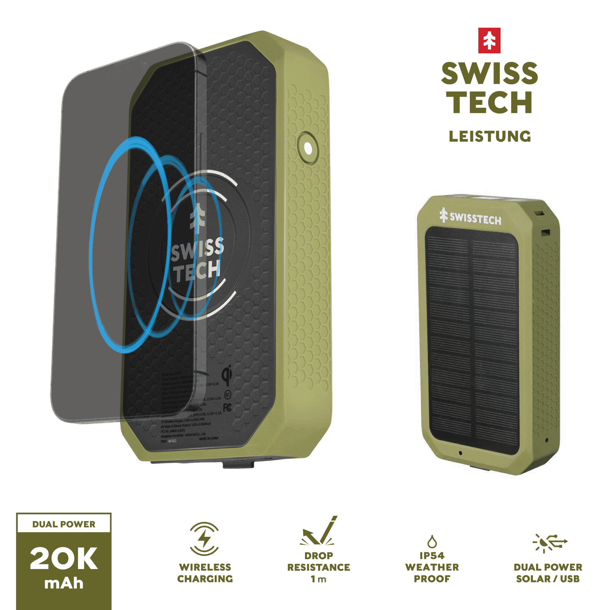 Swiss Tech 20000 mAh Wireless Power Bank with Flashlight & Charging Pad, IP54 Weatherproof - ClubOn