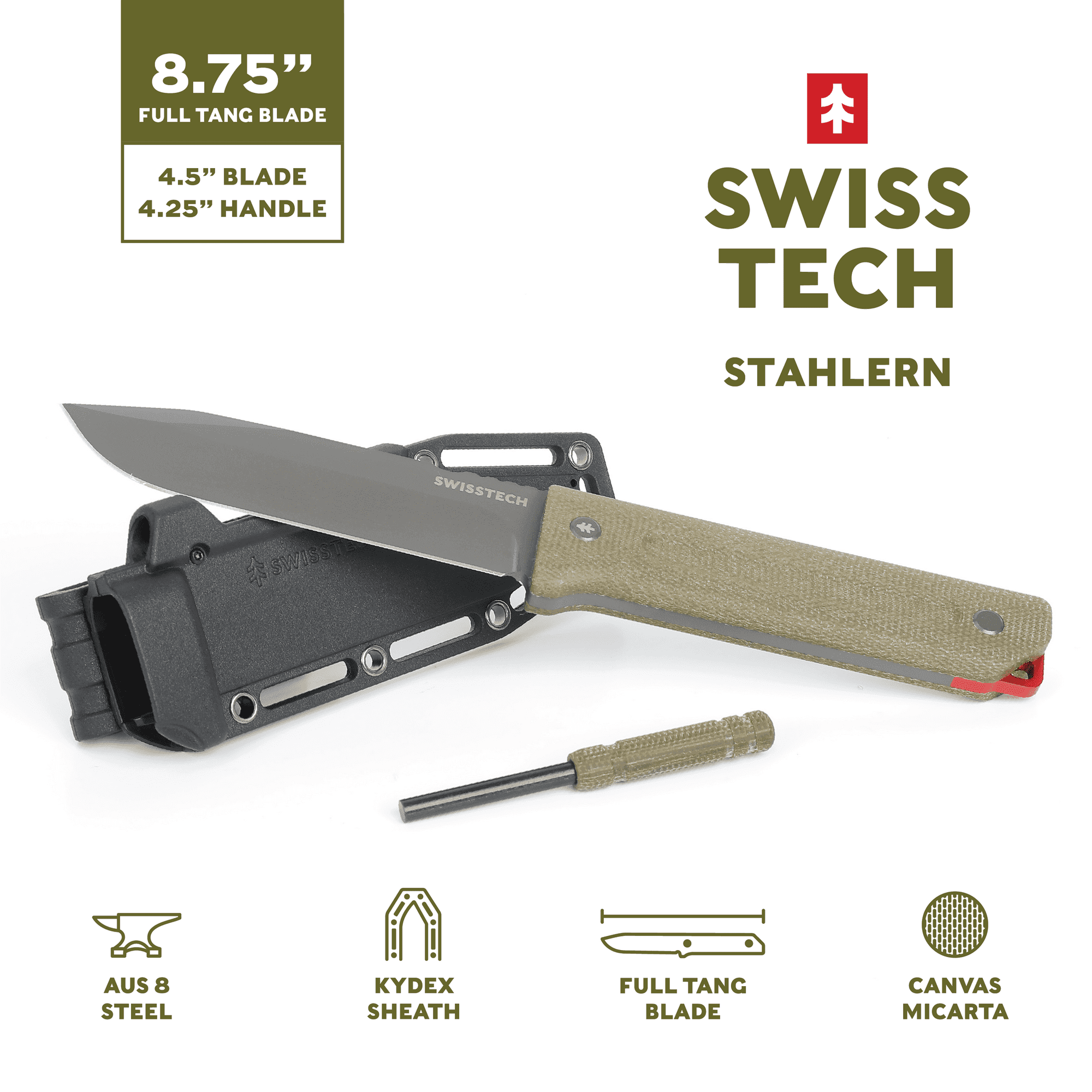 Swiss Tech Stahlern 8.75" Full Tang Tactical Knife with Sheath & Rod, 4.5" Titanium Fixed Blade, Olive - ClubOn