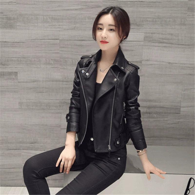2024 Women’s Korean Large Size PU Motorcycle Leather Jacket - ClubOn
