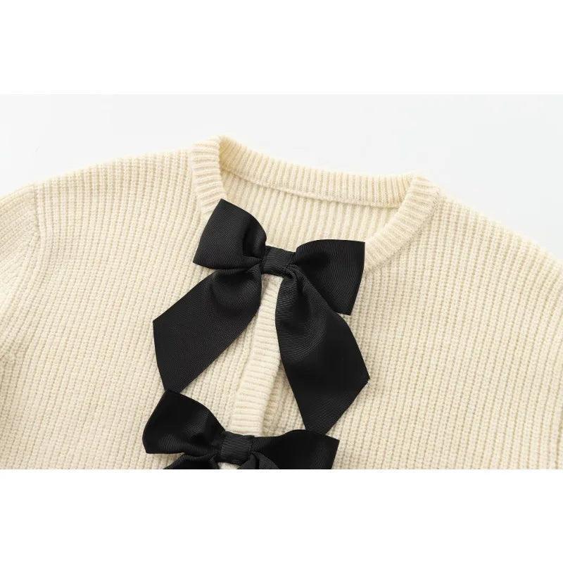 Solid Knit Cardigan for Women - Sweet Bow Long Sleeve Sweater - ClubOn