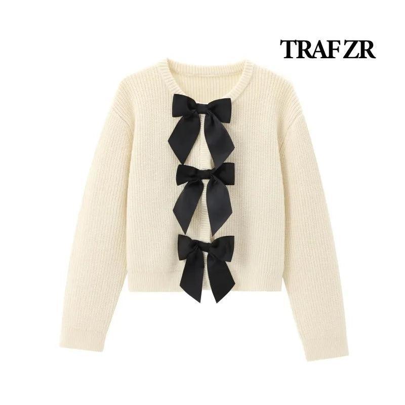 Solid Knit Cardigan for Women - Sweet Bow Long Sleeve Sweater - ClubOn