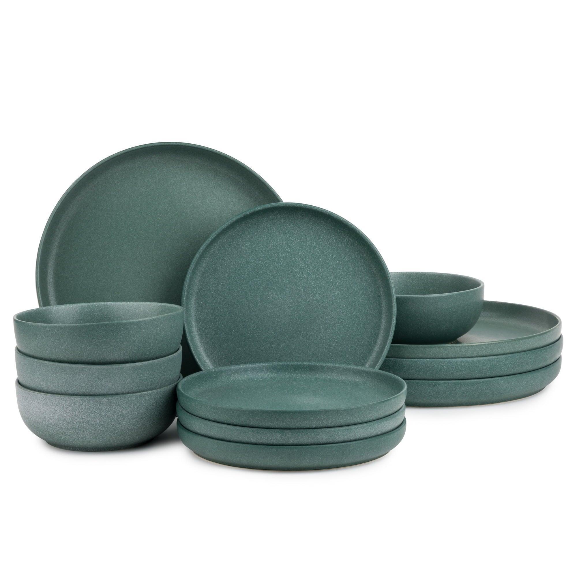 Thyme & Table 12-Piece Stoneware Dinnerware Set - Caspian Green Collection - ClubOn