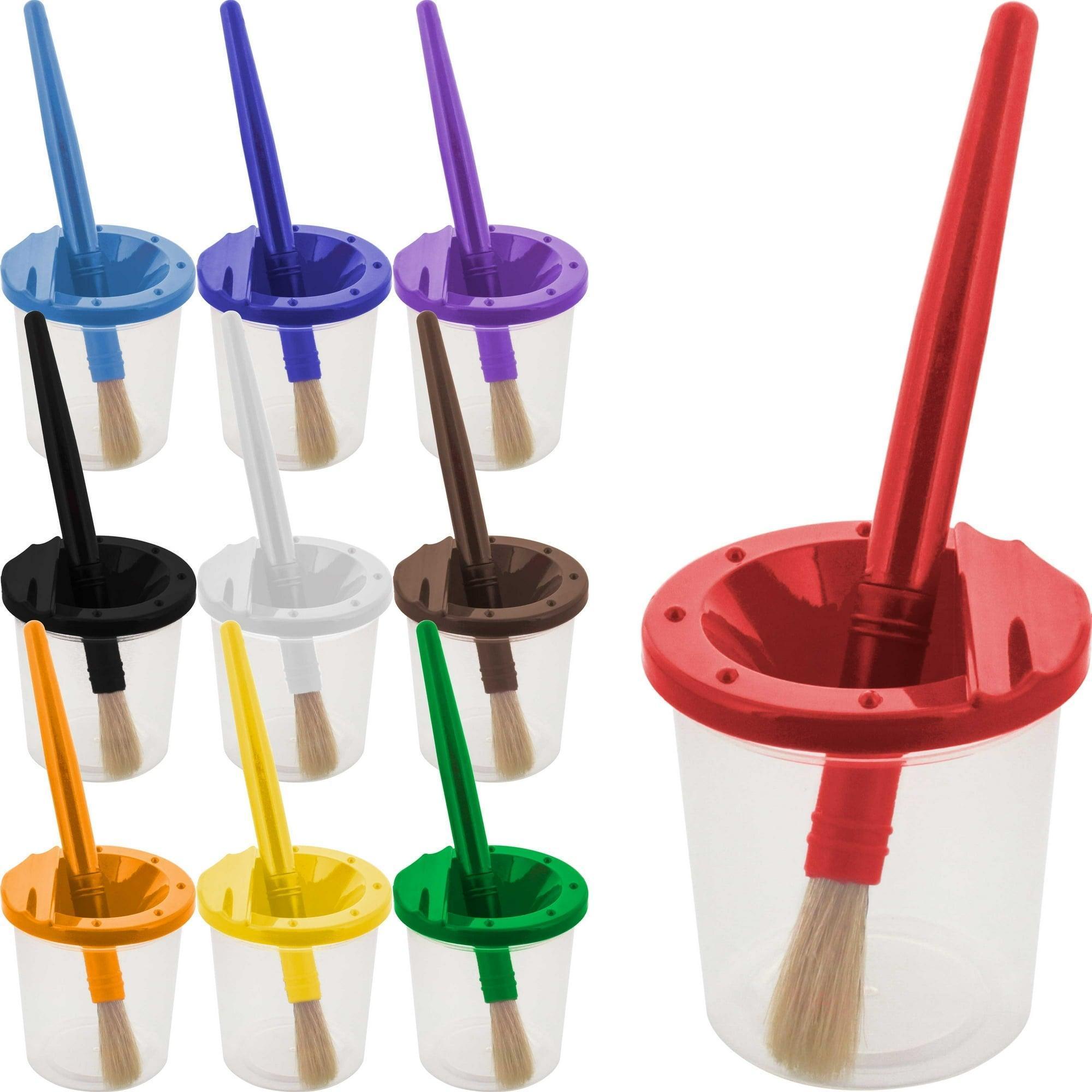 U.S. Art Supply 10-Piece No-Spill Paint Cups & 10-Piece Large Round Brush Set for Kids, Colored Lids & Wooden Handles - ClubOn