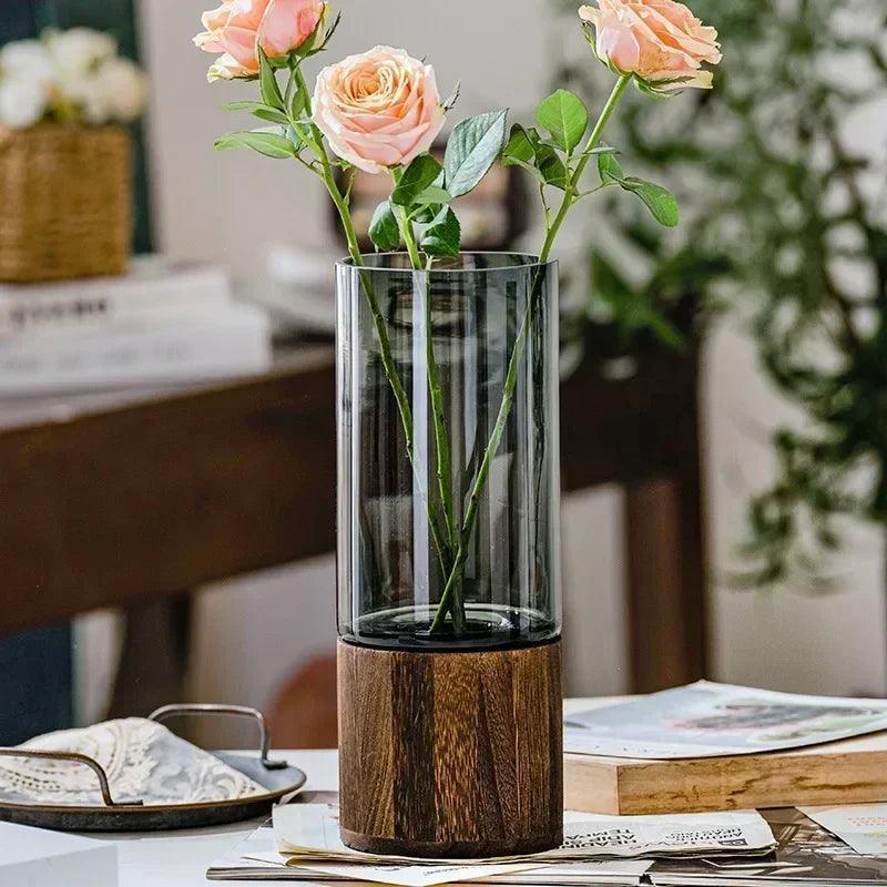 Simple European Hydroponic Glass Vase with Wooden Base - Home Decor - ClubOn