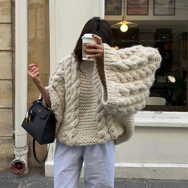 Vintage Oversized Knitted Pullover - O-Neck Lantern Sleeves - ClubOn