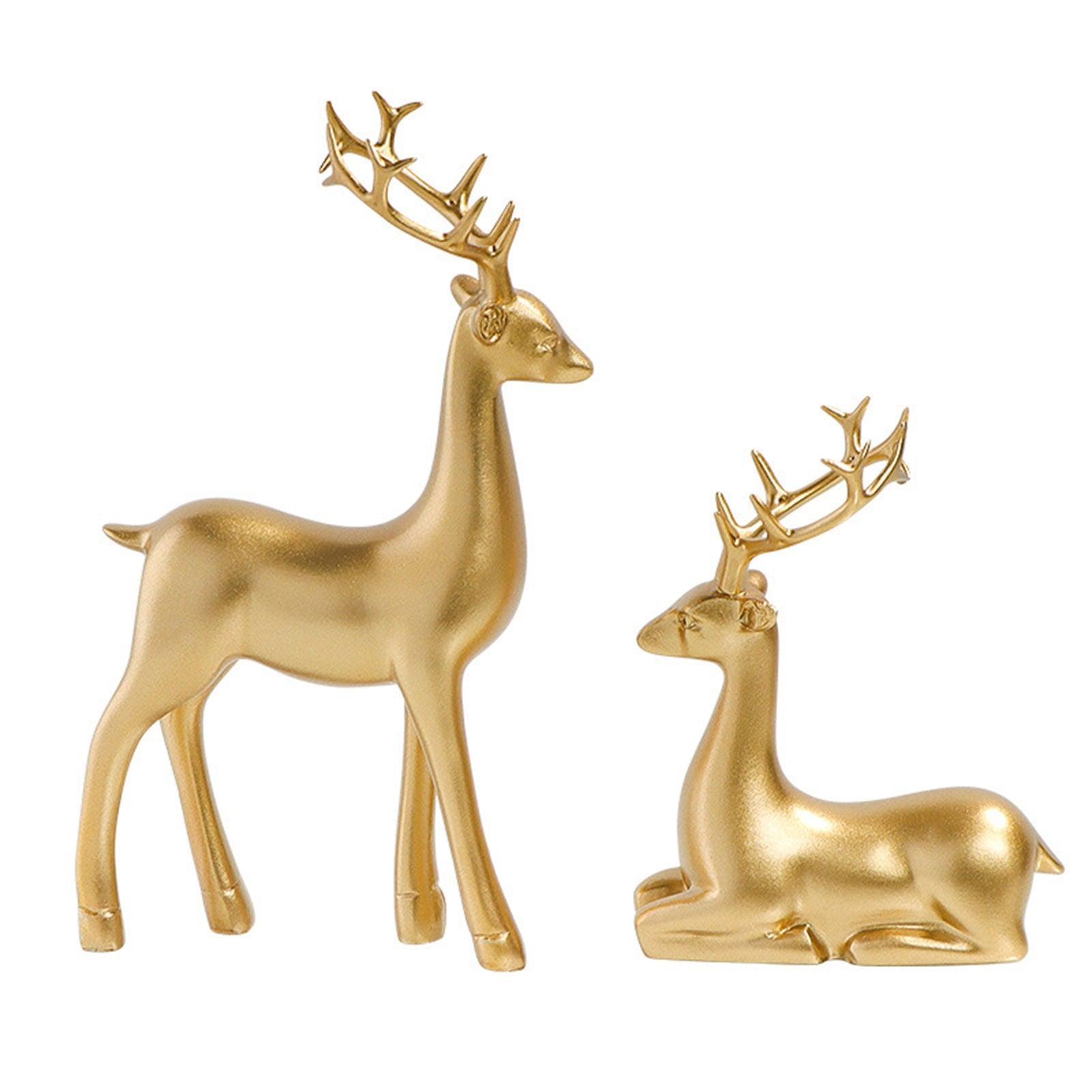 Waroomhouse Resin Deer Figurine Set of 2 – Golden Sitting & Standing Reindeer Statues, Christmas Ornament Decorations - ClubOn