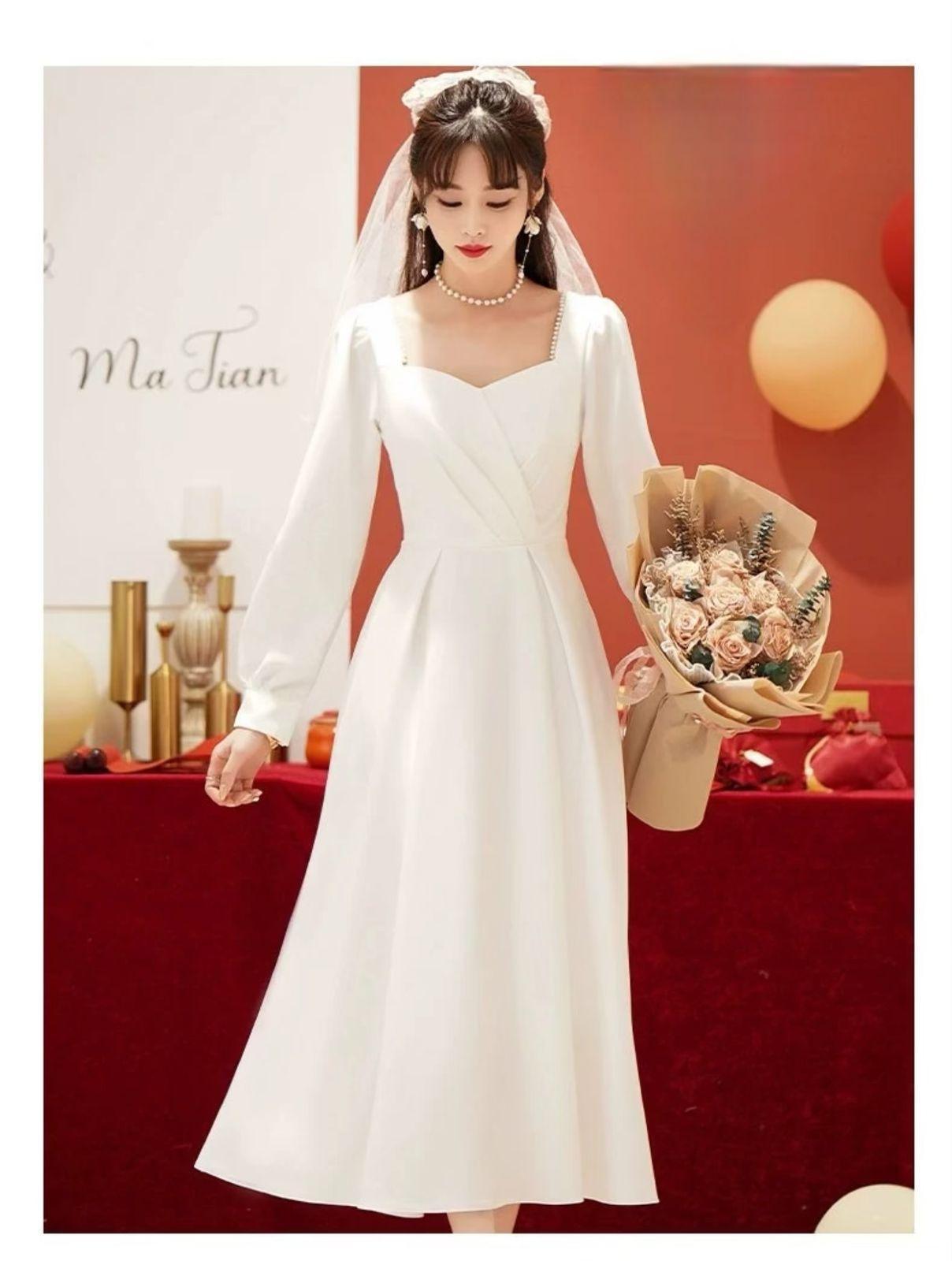 Simple White Dress for Registration - Petite Bride Engagement Dress, Light Wedding Dress, Everyday Wear, Midi Length - ClubOn