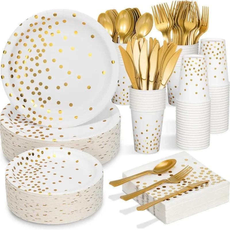 350PCS White and Gold Disposable Dinnerware Set - ClubOn