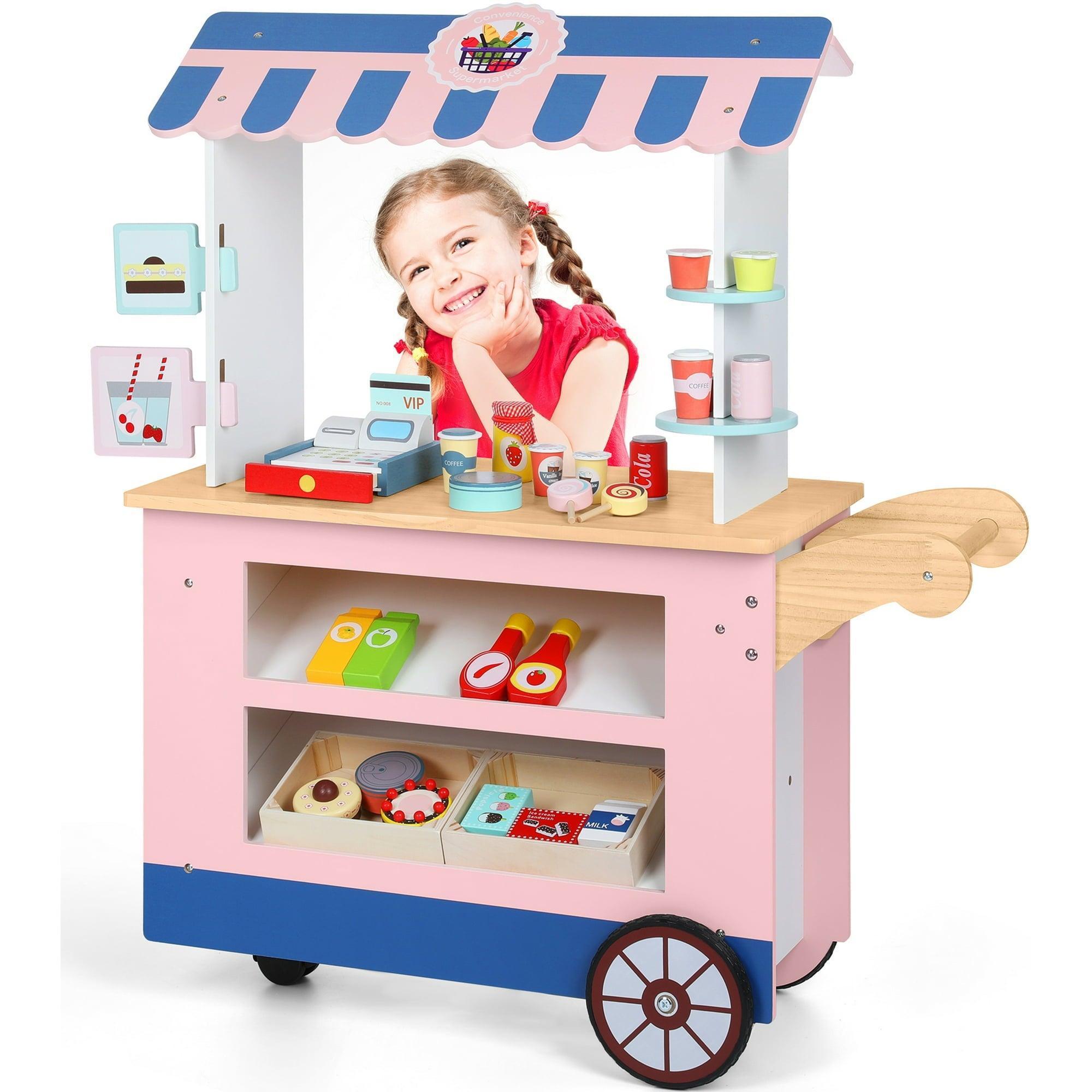 Wisairt Kids Grocery Store Play Set – Pretend Play Wooden Supermarket Shopping Toy with Cash Register, Food & Drink – Pink & Blue - ClubOn