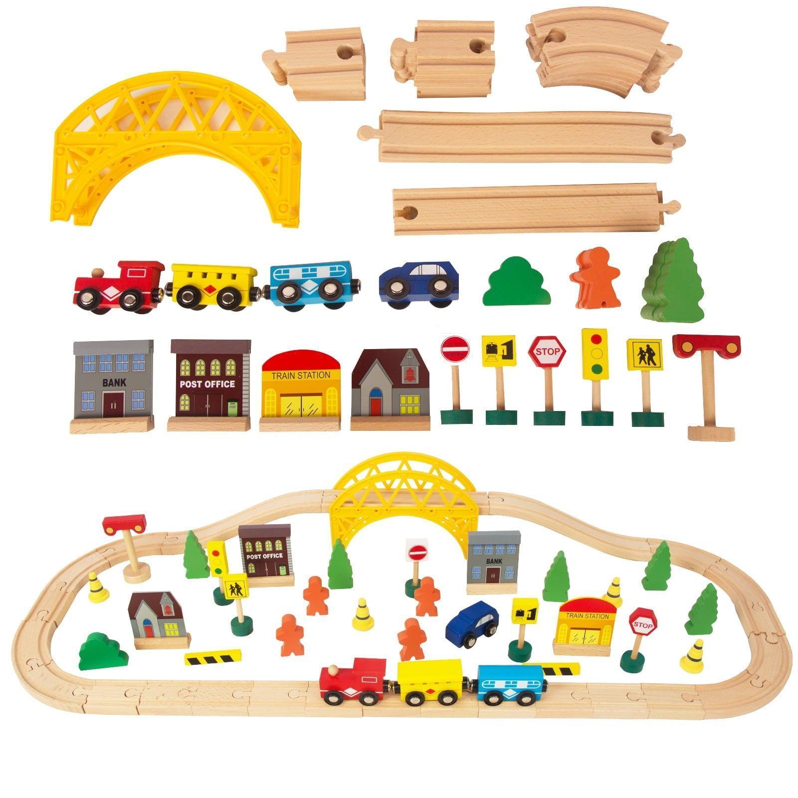WoodenEdu Double-Side Model Train Set, Easy to Assemble Wood, Yellow, 60 Pcs, 2.72lbs - ClubOn