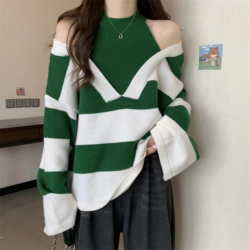 Stripe Halter Sweater - Loose Korean Knitted Pullover - ClubOn