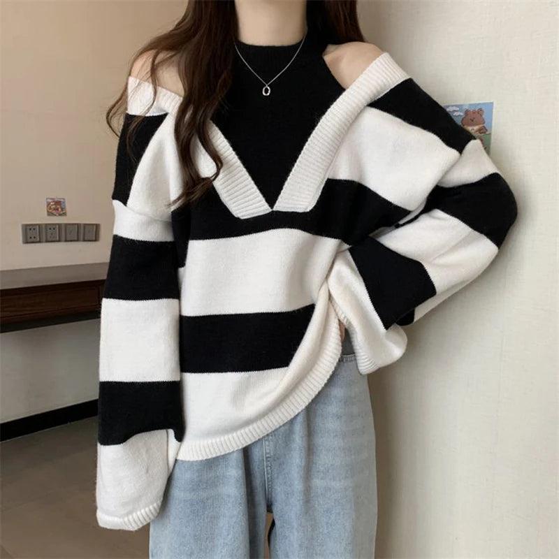 Stripe Halter Sweater - Loose Korean Knitted Pullover - ClubOn
