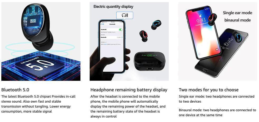 Bluetooth 5.1 Headset TWS Wireless Earphones Mini Earbuds Stereo Headphones IPX7 - ClubOn