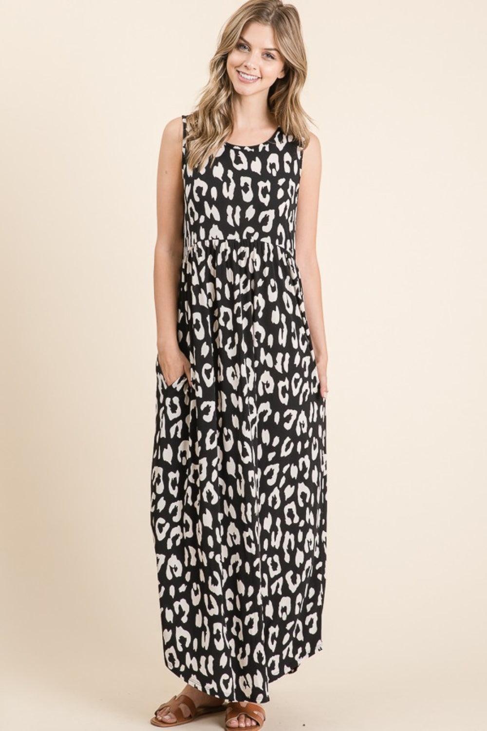 BOMBOM Leopard Maxi Dress with Pockets - ClubOn