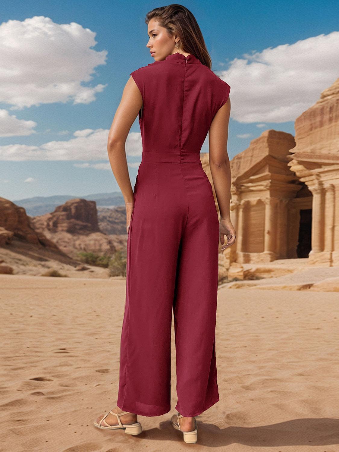Perfee Ruched Mock Neck Sleeveless Jumpsuit - ClubOn
