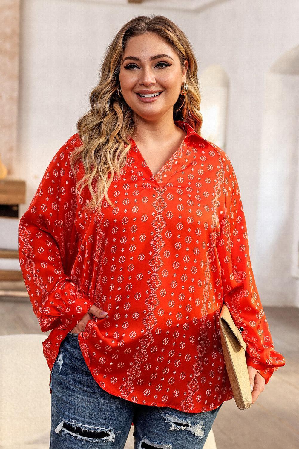 Plus Size Printed Johnny Collar Long Sleeve Blouse - ClubOn