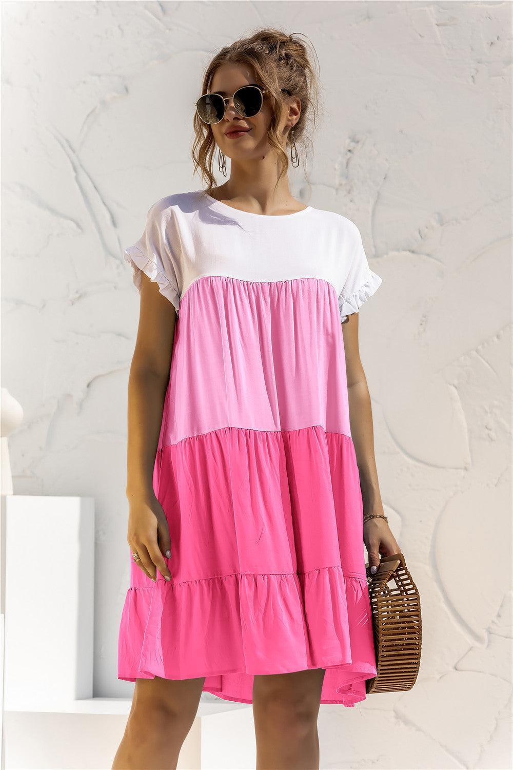 Color Block Round Neck Ruffle Hem Dress - ClubOn