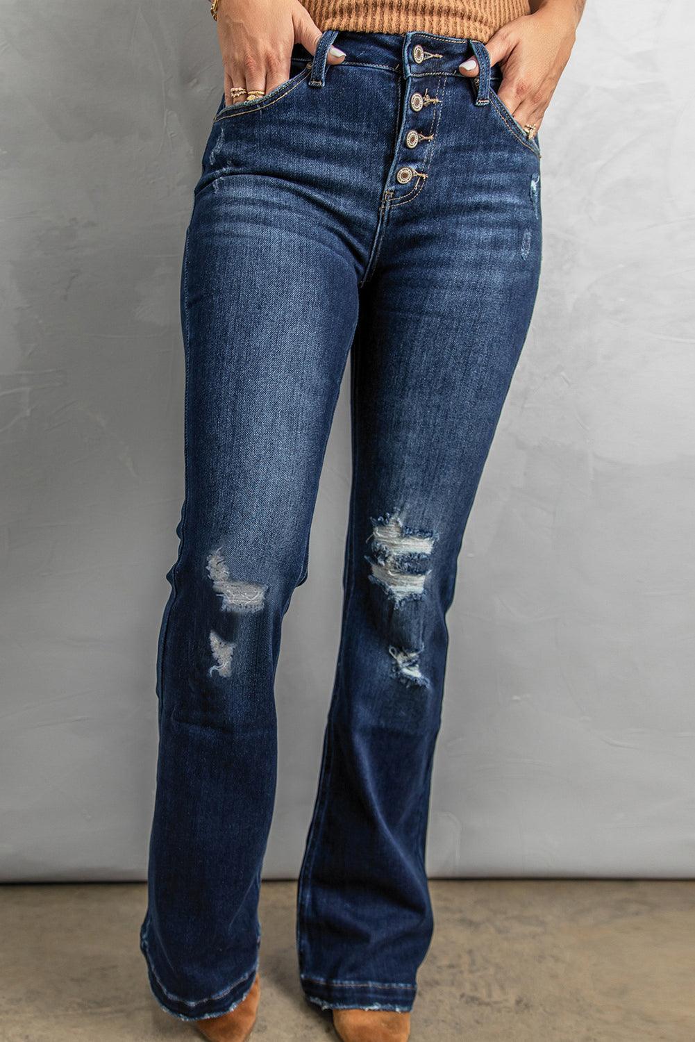 Button Fly Distressed Bootcut Jeans - ClubOn