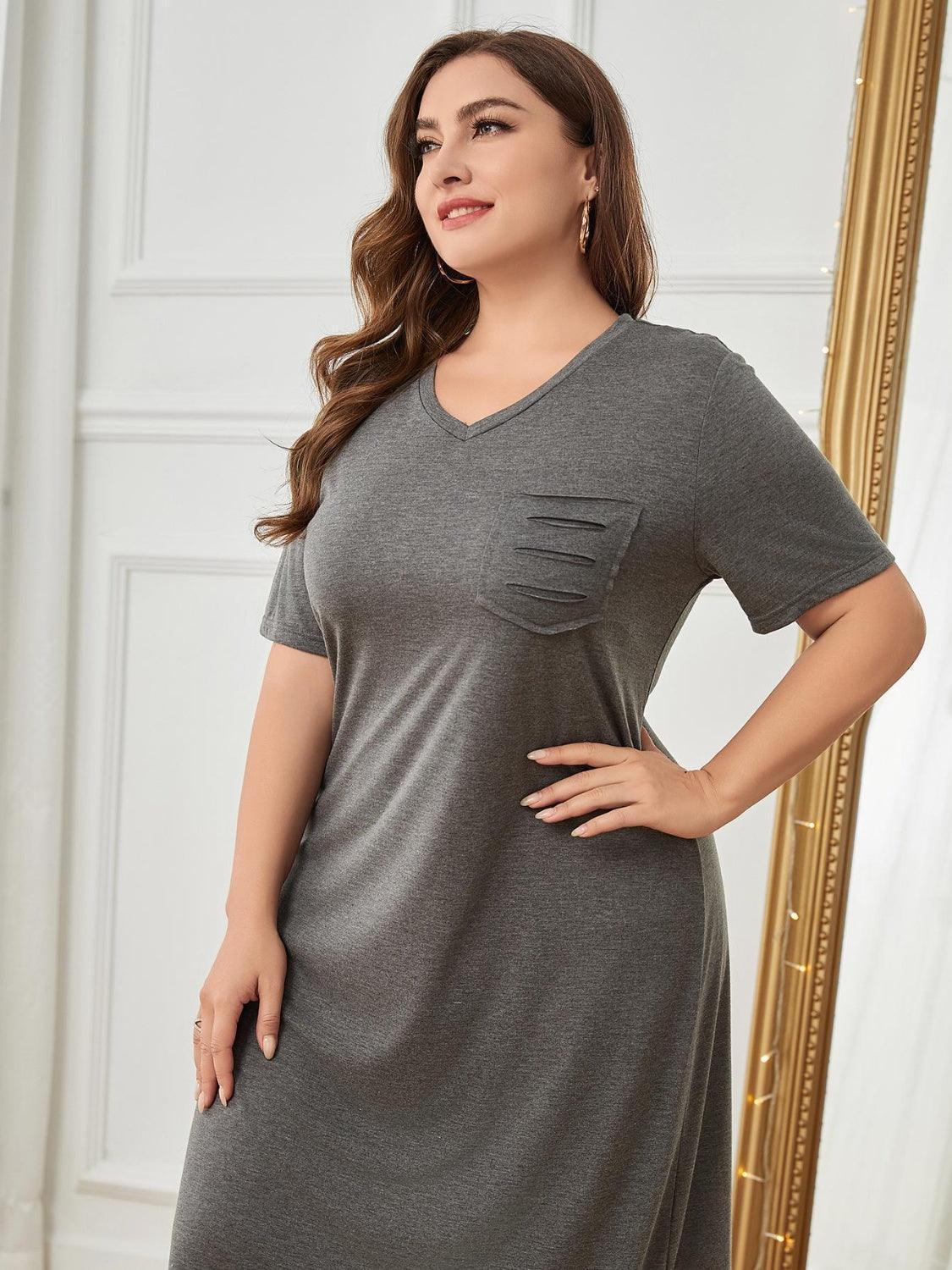 Plus Size Pocketed V-Neck Short Sleeve Lounge Dress - ClubOn